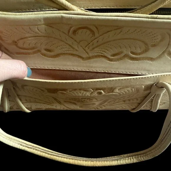 Vintage Leather Tooled Handbag Purse Ivory Western Ideal Zipper Cream - Picture 5 of 13